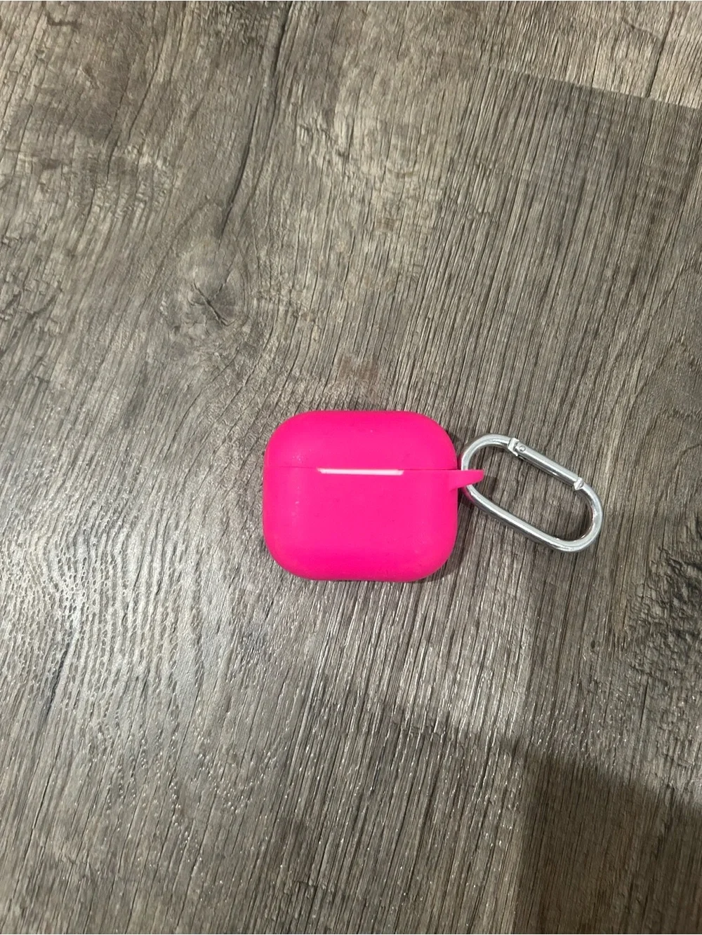Apple AirPods with Bright Pink Silicone Case and Silver Carabiner